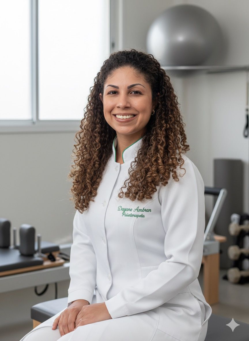 Retrato da fisioterapeuta Dayane Ambran em jaleco branco